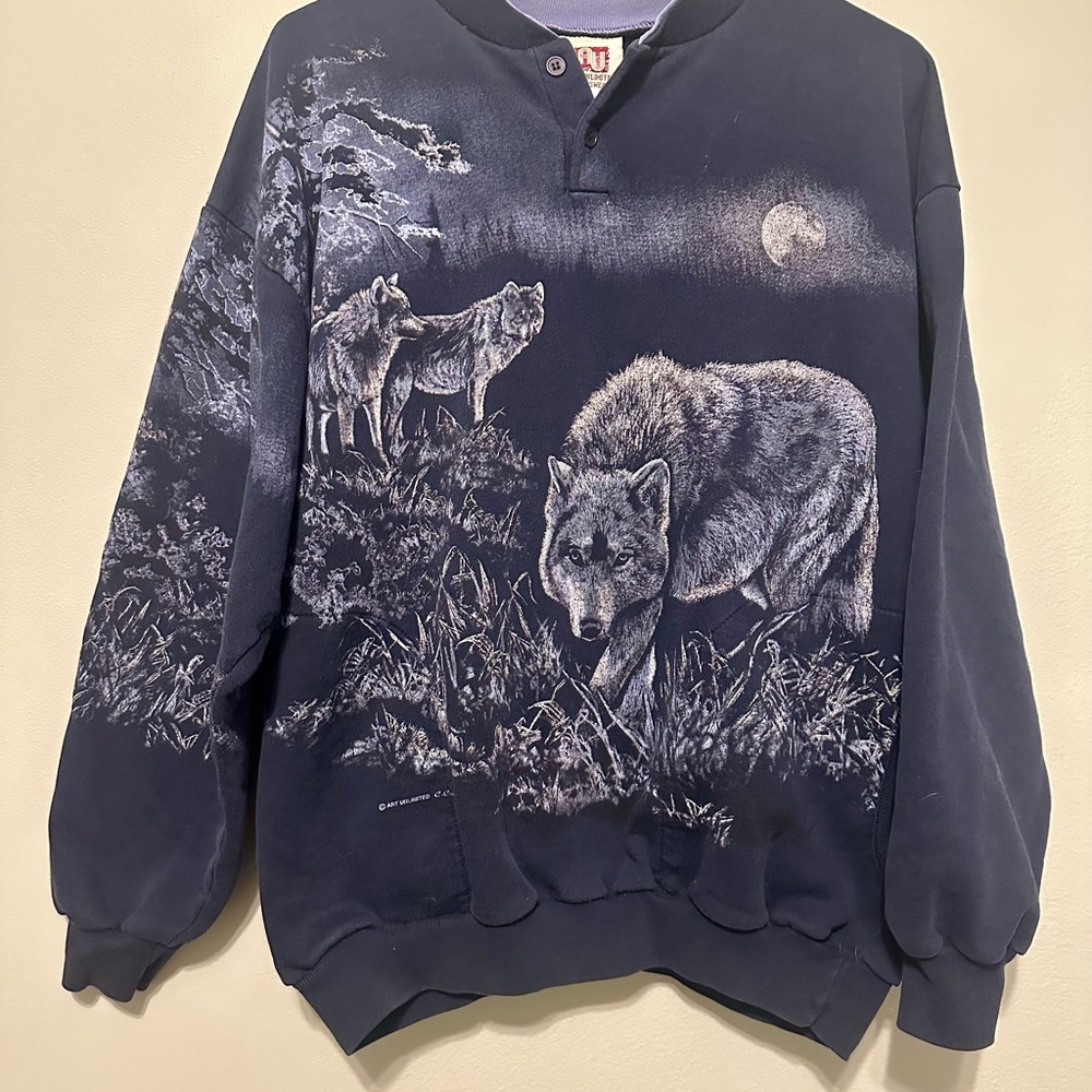 Vintage 90’s Art Unlimited Pullover Sweater Pockets Wolf Nature - Large